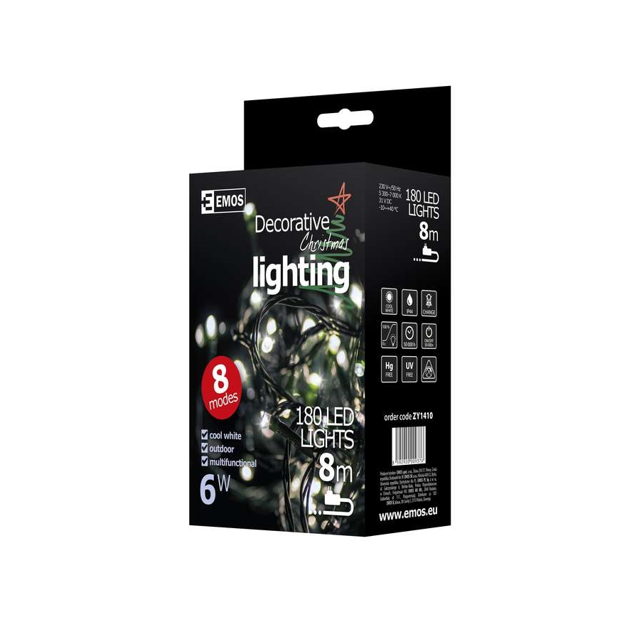LED spoljašnji božićni lanac CHAIN 180xLED/8 funkcija 8m IP44 hladno belo