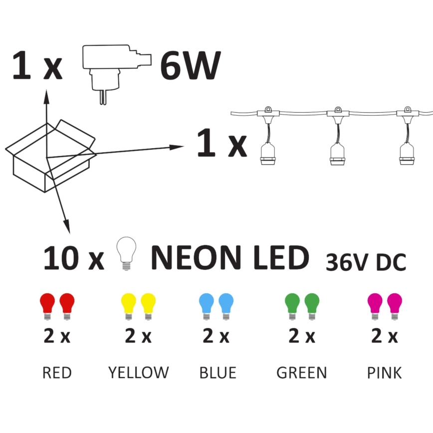 LED Spoljašnji dekorativni lanac PARTY NEON 7,6 m 10xE27/0,6W/36V IP44