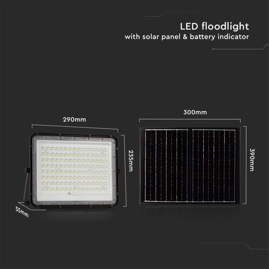 LED Spoljašnji solarni reflektor LED/20W/3,2V 6400K crno IP65 + Daljinski upravljač