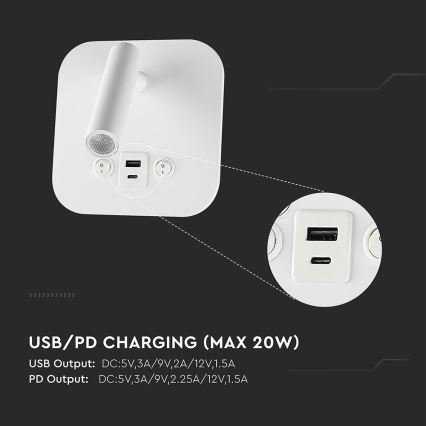 LED zidno spot svetlo sa USB portom LED/8W/230V 3000K bela