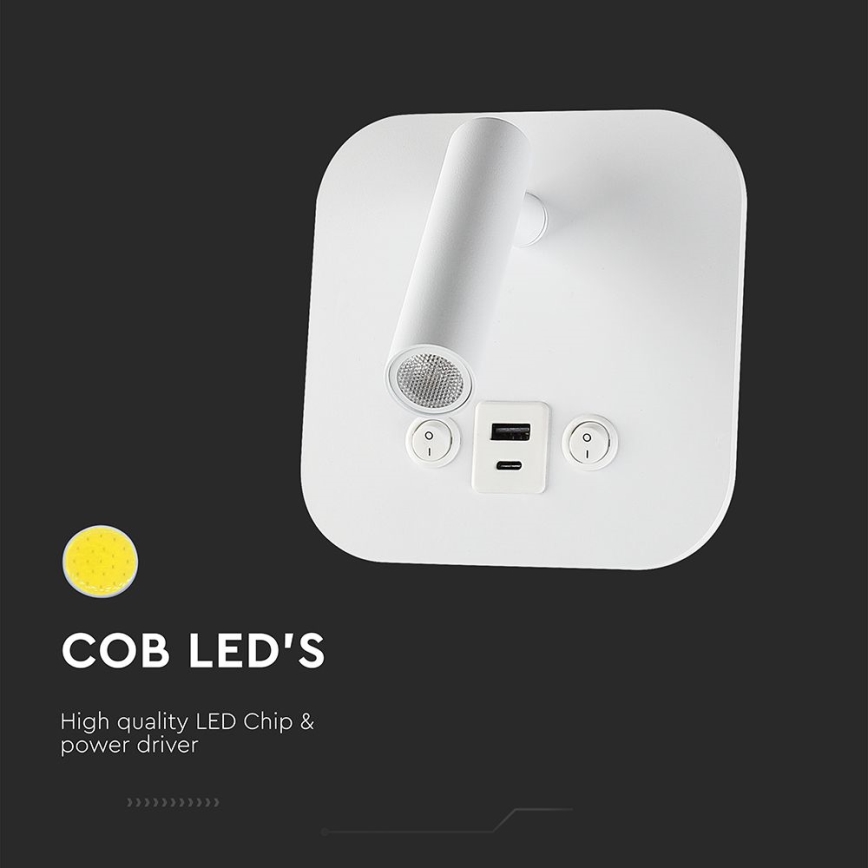 LED zidno spot svetlo sa USB portom LED/8W/230V 3000K bela