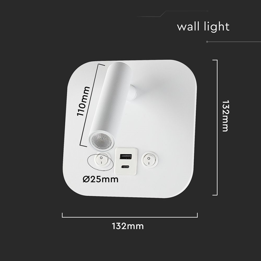 LED zidno spot svetlo sa USB portom LED/8W/230V 3000K bela