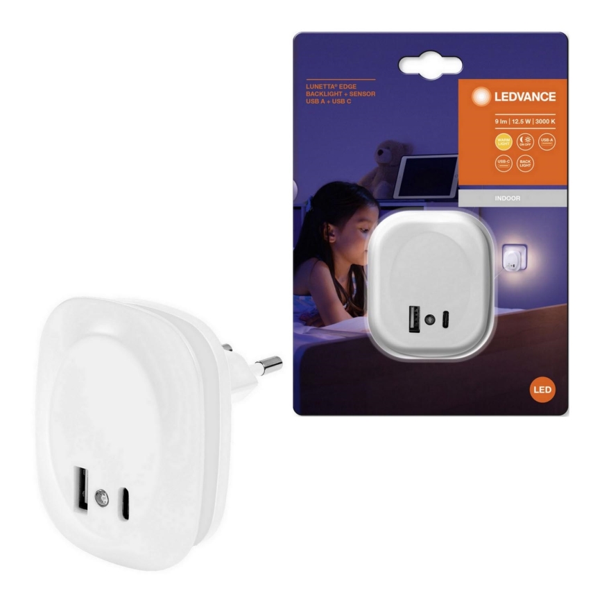 Ledvance - LED Noćno osvetljenje za utičnicu sa senzorom i USB LUNETTA LED/12,5W/230V 3000K bela