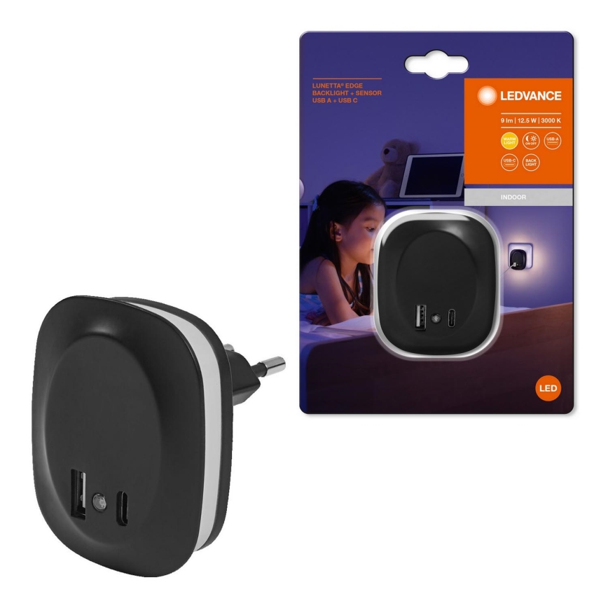 Ledvance - LED Noćno osvetljenje za utičnicu sa senzorom i USB LUNETTA LED/12,5W/230V 3000K crno