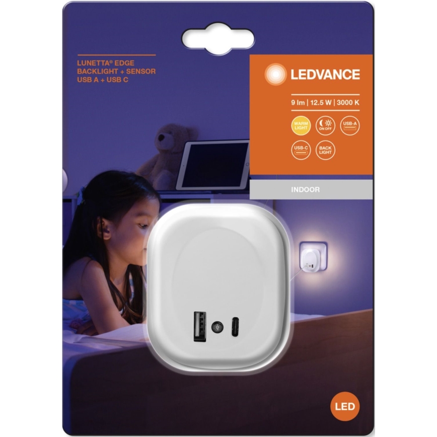 Ledvance - LED Noćno osvetljenje za utičnicu sa senzorom i USB LUNETTA LED/12,5W/230V 3000K bela