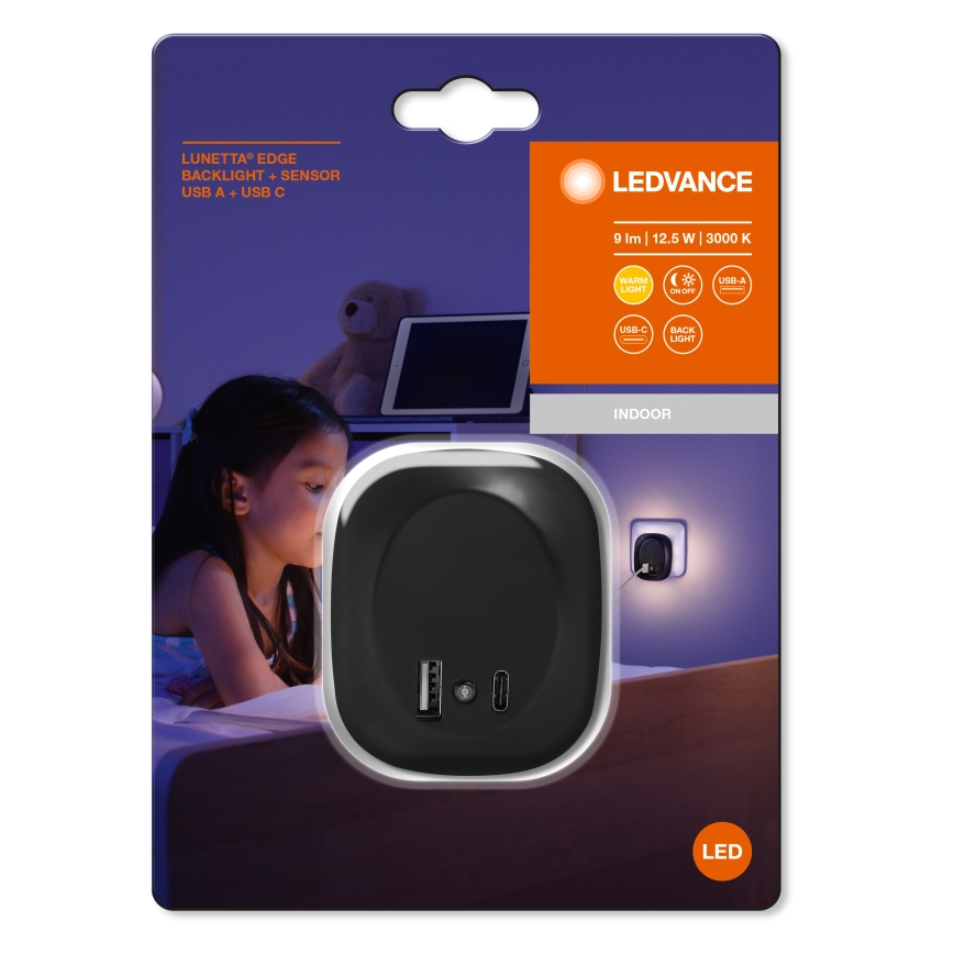 Ledvance - LED Noćno osvetljenje za utičnicu sa senzorom i USB LUNETTA LED/12,5W/230V 3000K crno