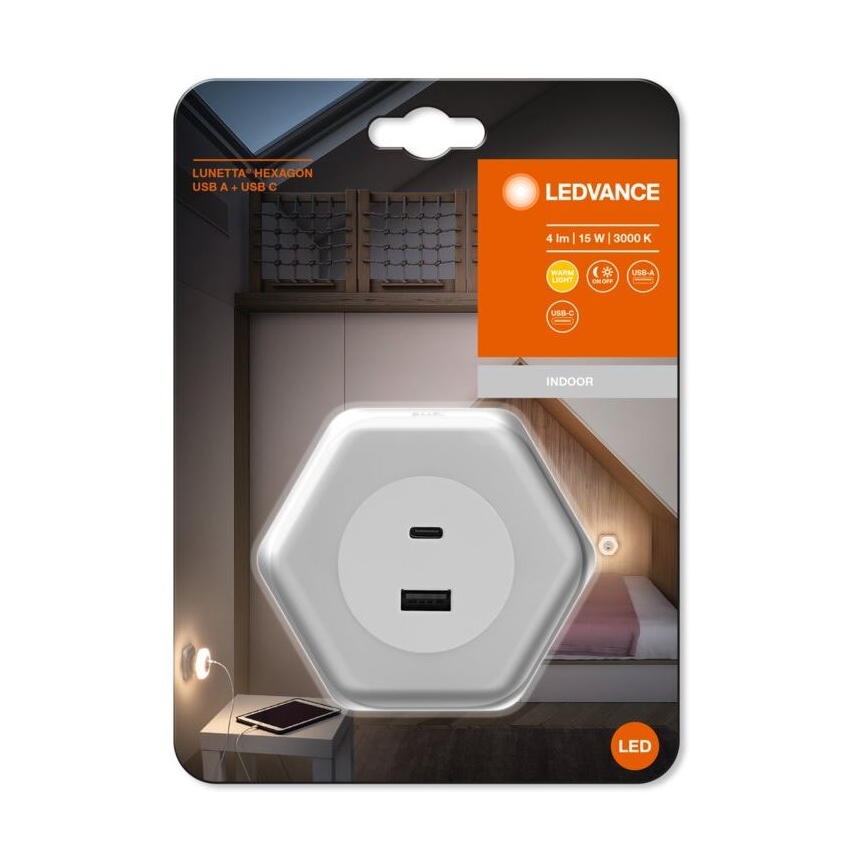 Ledvance - LED Orijentacijska lampa za utičnicu sa USB LUNETTA LED/15W/230V