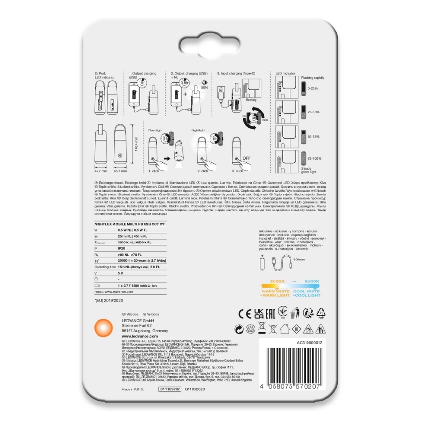Ledvance - LED prenosivi punjač sa funkcijom lampe MOBILE LED/0,5W/5V 1800mAh 2xUSB