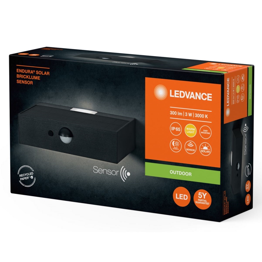 Ledvance - LED Solarna zidna lampa sa senzorom za pokret i dan/noć ENDURA SOLAR LED/3W/4,2V 1200 mAh IP65