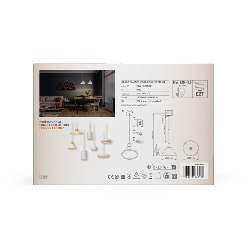 Ledvance - Luster na sajli DECOR PLASTER 1xE27/25W/230V pr. 22 cm gips bela