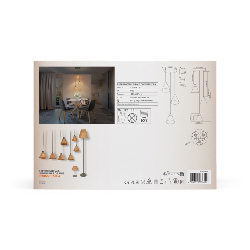 Ledvance - Luster na sajli DECOR RAFFIA 3xE27/15W/230V rafija