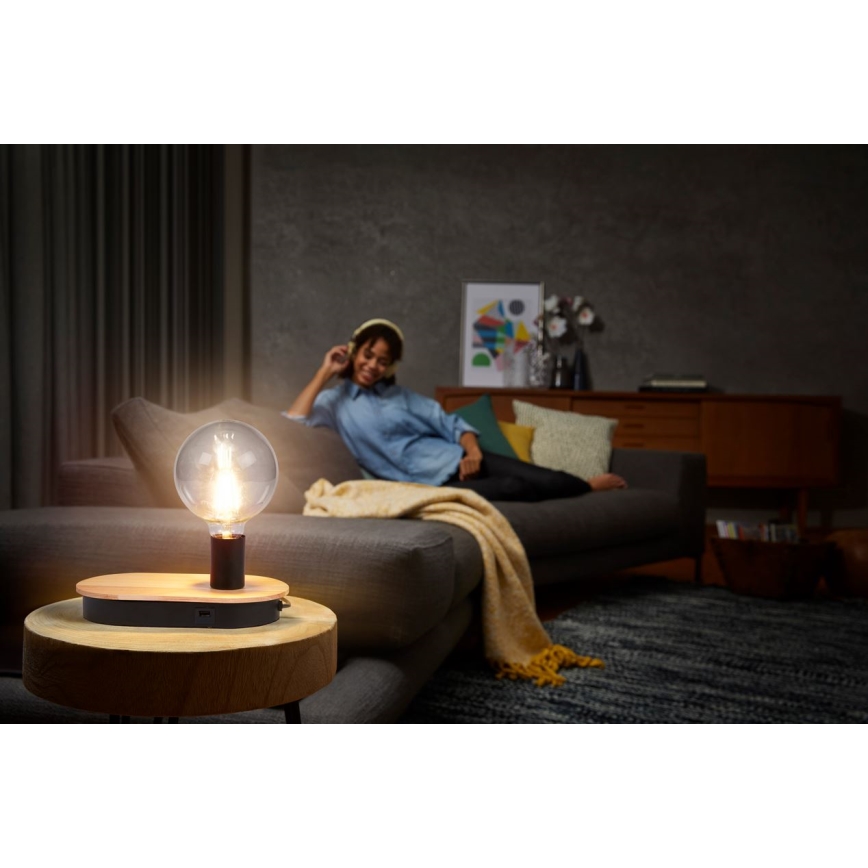 Ledvance - Stona lampa na dodir sa USB konektorom DECOR WOOD 1xE27/8W/230V fikus elastika