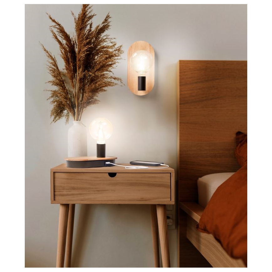Ledvance - Stona lampa na dodir sa USB konektorom DECOR WOOD 1xE27/8W/230V fikus elastika