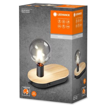 Ledvance - Stona lampa na dodir sa USB konektorom DECOR WOOD 1xE27/8W/230V fikus elastika