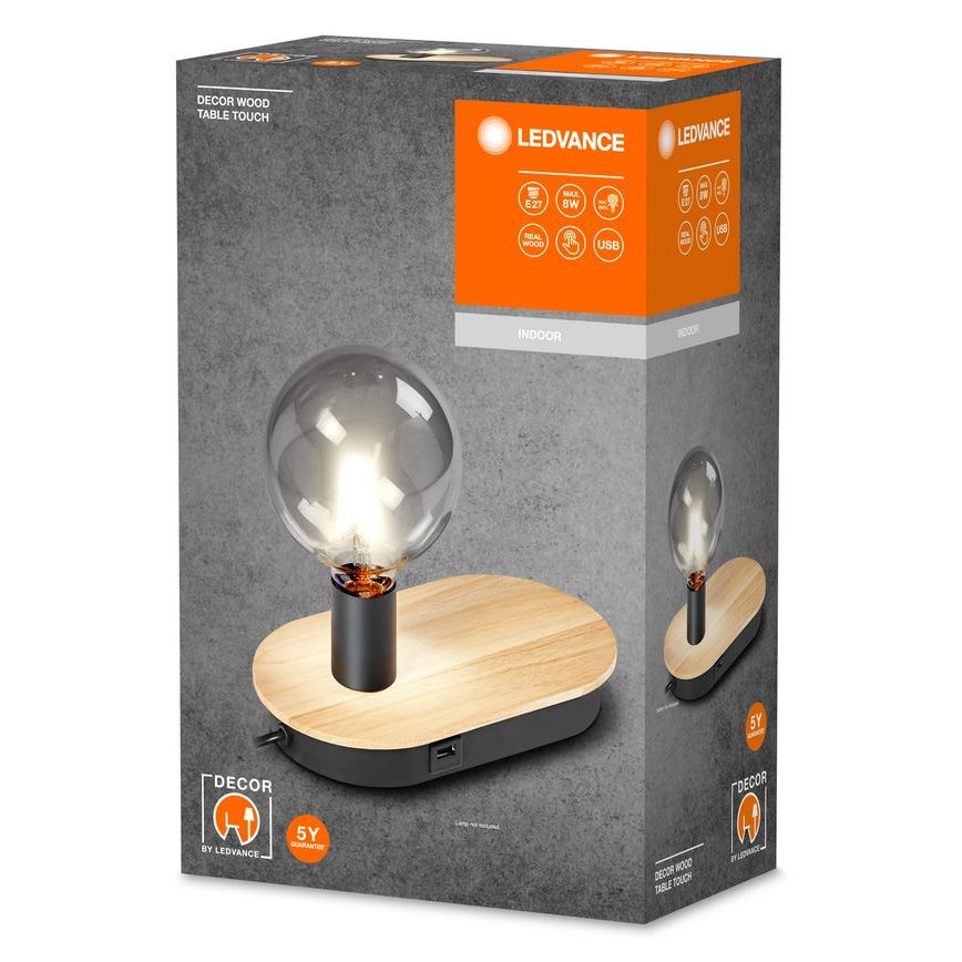 Ledvance - Stona lampa na dodir sa USB konektorom DECOR WOOD 1xE27/8W/230V fikus elastika