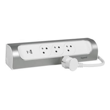 Legrand 049406 - Produžni kabl sa 3 utičnice, tip E + USB-A + USB-C, 1 m, srebrna/bela