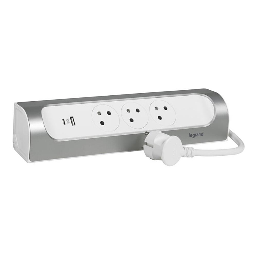 Legrand 049406 - Produžni kabl sa 3 utičnice, tip E + USB-A + USB-C, 1 m, srebrna/bela