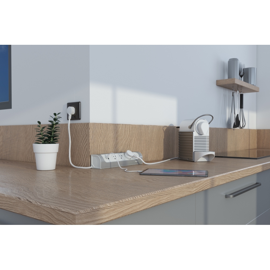 Legrand 049406 - Produžni kabl sa 3 utičnice, tip E + USB-A + USB-C, 1 m, srebrna/bela