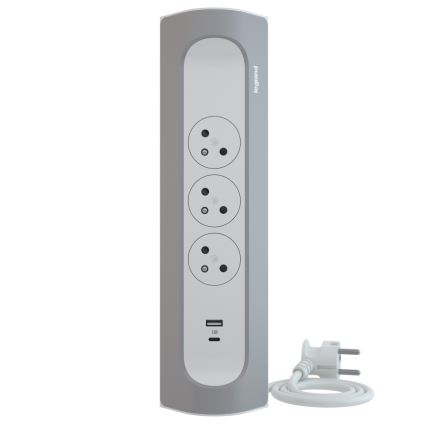 Legrand 049406 - Produžni kabl sa 3 utičnice, tip E + USB-A + USB-C, 1 m, srebrna/bela