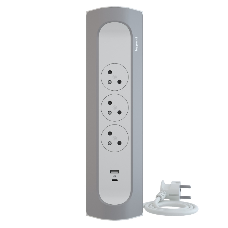 Legrand 049406 - Produžni kabl sa 3 utičnice, tip E + USB-A + USB-C, 1 m, srebrna/bela