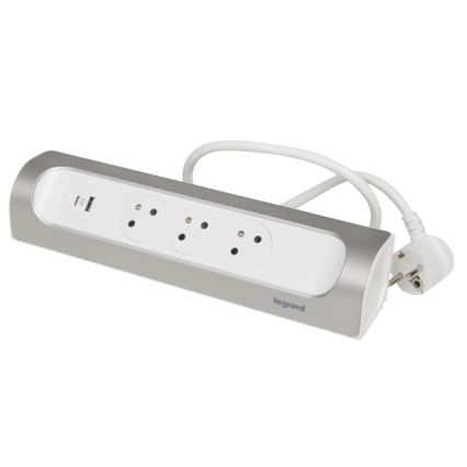 Legrand 049406 - Produžni kabl sa 3 utičnice, tip E + USB-A + USB-C, 1 m, srebrna/bela