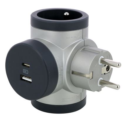 Legrand 049439 - Razdelna utičnica rotirajuća 2U Tip E + USB-A + USB-C srebrno/crno