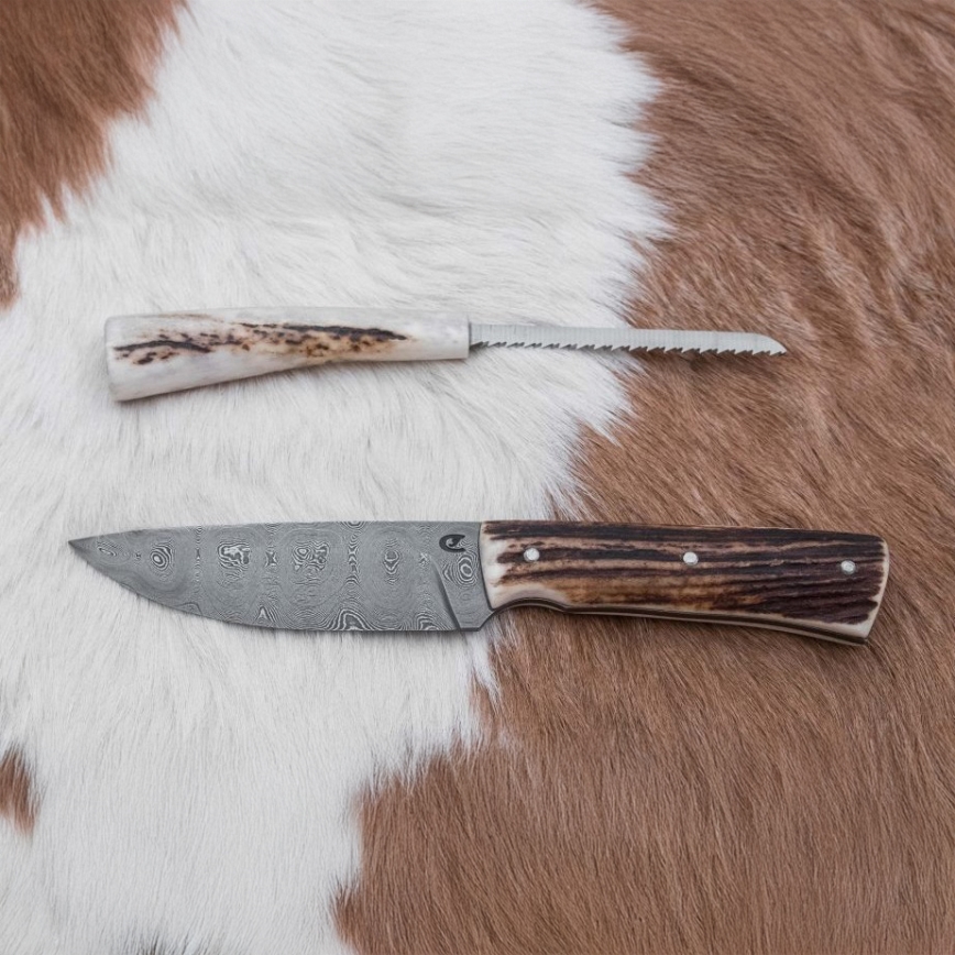 Lovački damaščanski nož sa testerom, oštrica 11 cm, drška od jelenskog roga