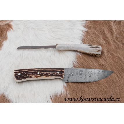 Lovački damaščanski nož sa testerom, oštrica 11 cm, drška od jelenskog roga