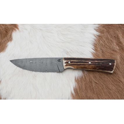 Lovački damaščanski nož sa testerom, oštrica 11 cm, drška od jelenskog roga
