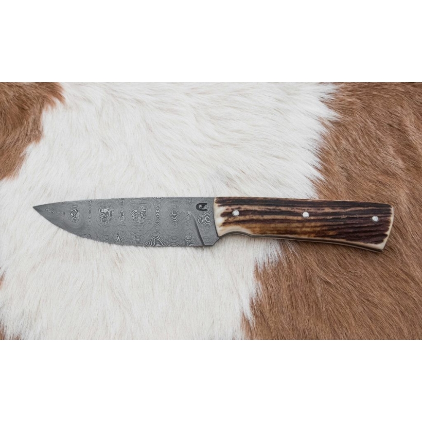 Lovački damaščanski nož sa testerom, oštrica 11 cm, drška od jelenskog roga