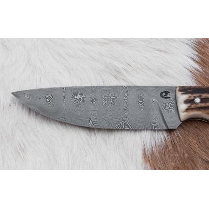 Lovački damaščanski nož sa testerom, oštrica 11 cm, drška od jelenskog roga
