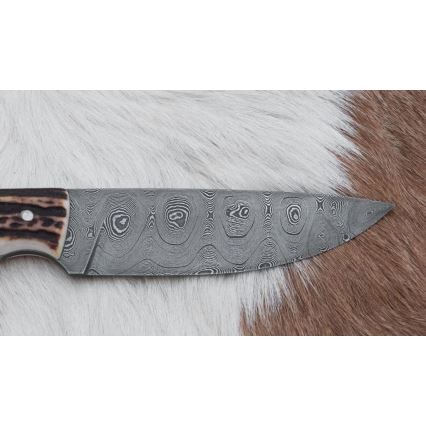 Lovački damaščanski nož sa testerom, oštrica 11 cm, drška od jelenskog roga