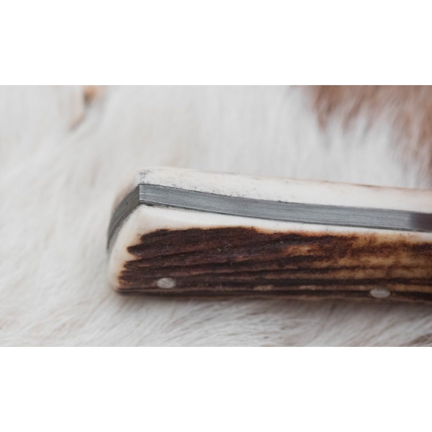 Lovački damaščanski nož sa testerom, oštrica 11 cm, drška od jelenskog roga