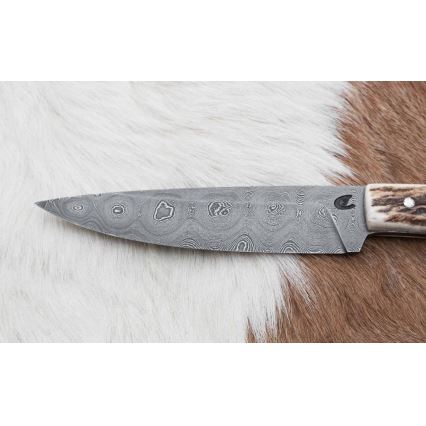 Lovački nož od damaškog čelika zavazák sa testerom, oštrica 12 cm, drška od jelenjeg roga