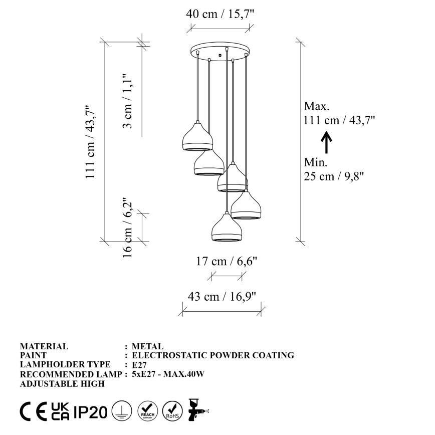 Luster na kablu YILDO 5xE27/40W/230V bela/zlatna