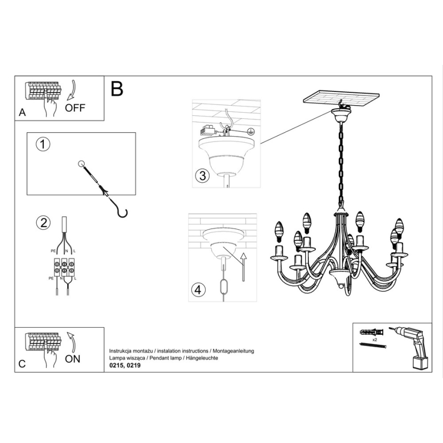 Luster na lancu MINERWA 7 7xE14/40W/230V crno