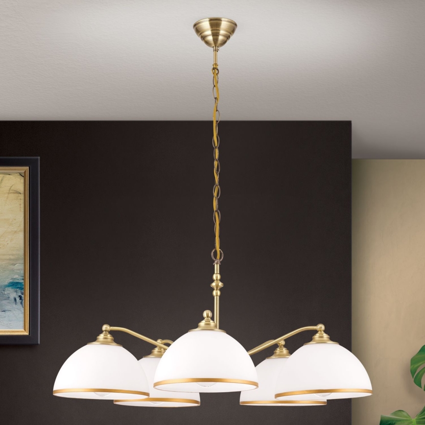 Luster na lancu OLD LAMP 5xE27/40W/230V pr. 75 cm bela/mesing