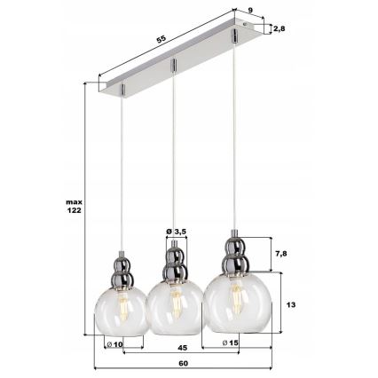 Luster na sajli AKSO 3xE14/40W/230V srebrno