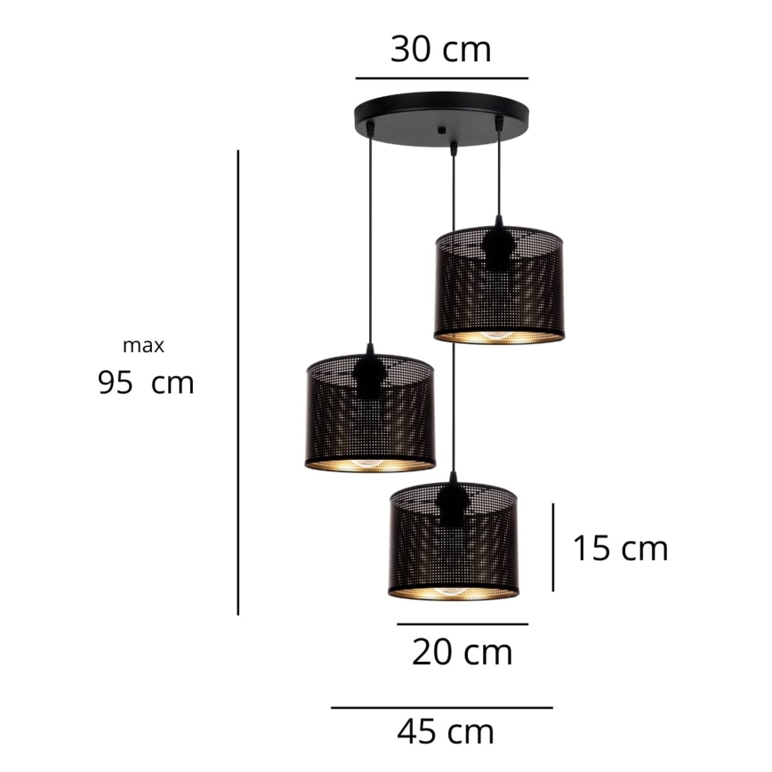 Luster na sajli ALDO 3xE27/60W/230V pr. 45 cm crno