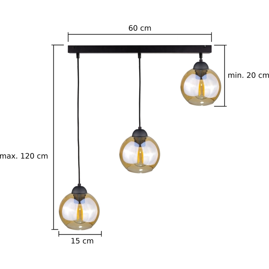 Luster na sajli AMBRE BLACK 3xE27/60W/230V crno/dimno braon