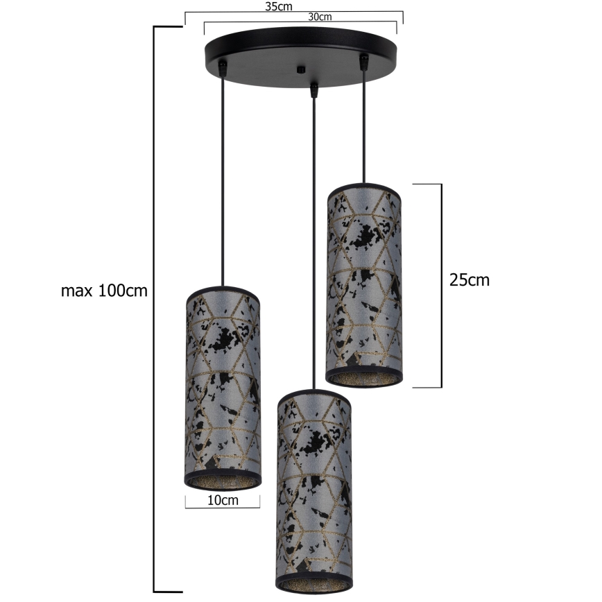 Luster na sajli AVALO 3xE27/60W/230V pr. 35 cm sivo/crno