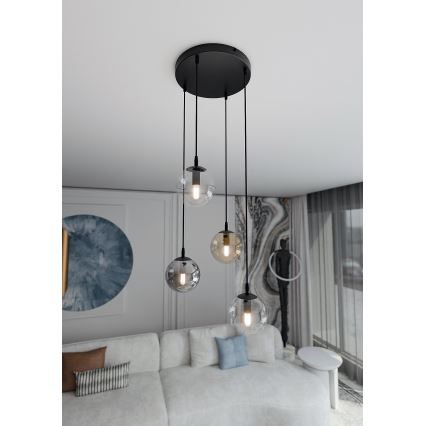 Luster na sajli COSMO 4xE14/10W/230V pr. 40 cm crno/sivo/bež/prozirna