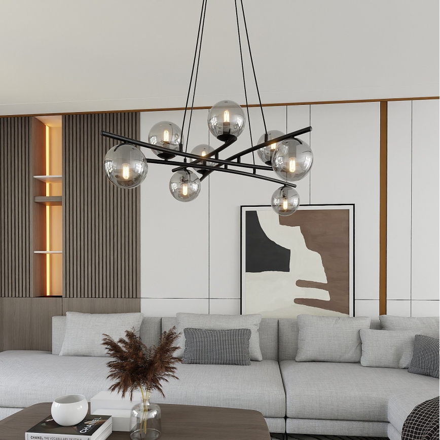 Luster na sajli ESSA 8xE14/10W/230V crno/dimno