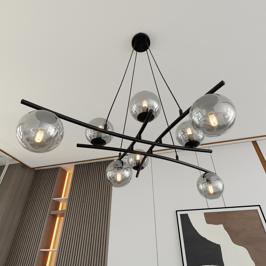 Luster na sajli ESSA 8xE14/10W/230V crno/dimno