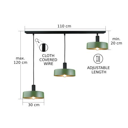 Luster na sajli HAKI 3xE27/60W/230V zelena/crno