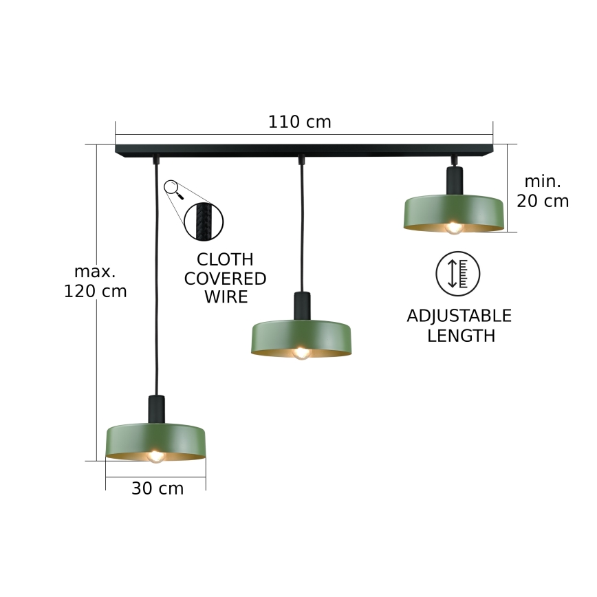 Luster na sajli HAKI 3xE27/60W/230V zelena/crno