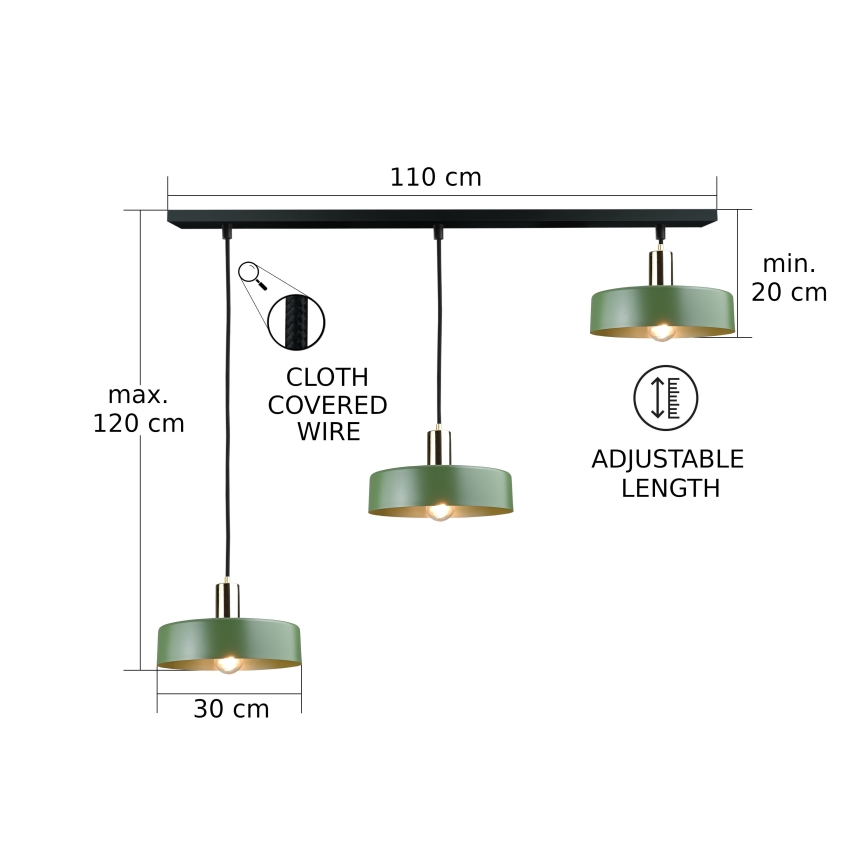 Luster na sajli HAKI 3xE27/60W/230V zelena/crno/sjajni krom