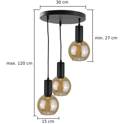 Luster na sajli JANTAR BLACK 3xE27/60W/230V pr. 30 cm