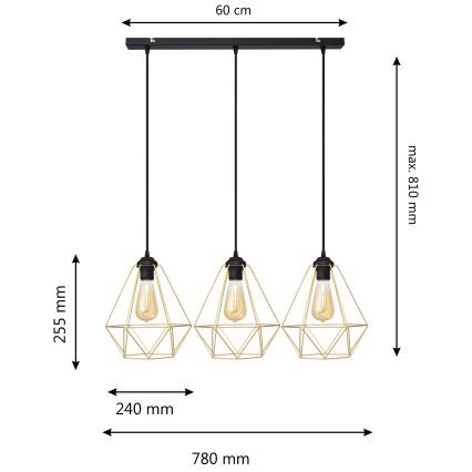Luster na sajli KARO 3xE27/15W/230V zlatna/crno