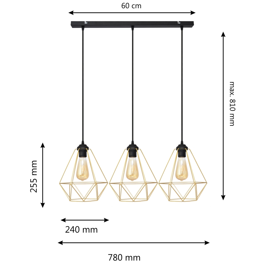 Luster na sajli KARO 3xE27/15W/230V zlatna/crno